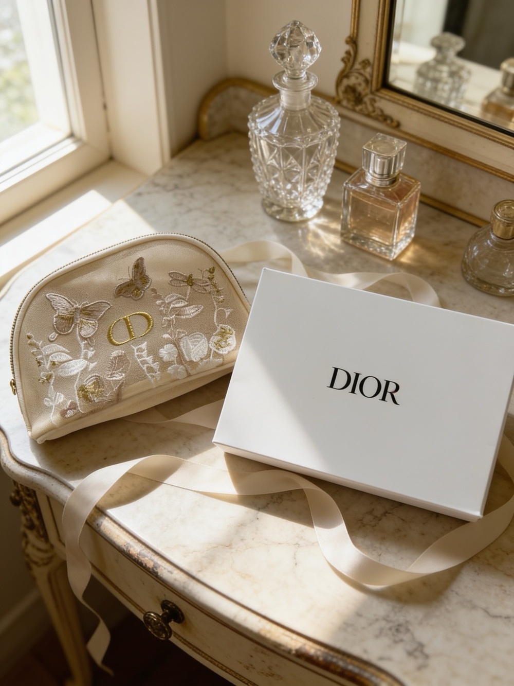 Dior Cream Embroidered Butterfly & Floral Makeup Bag